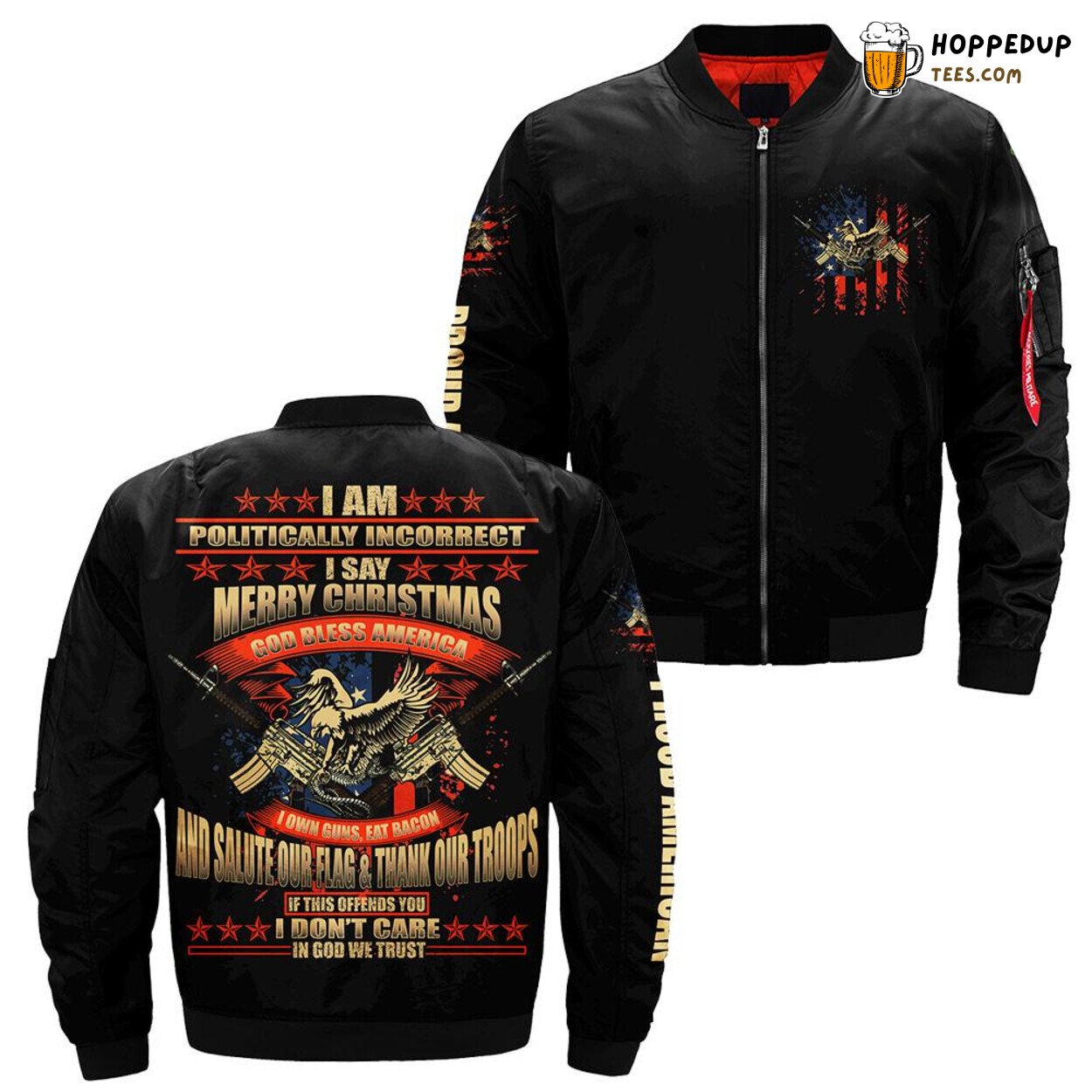 Politically Incorrect America Guns Merry Christmas God Bless Bomber Jacket Politically Incorrect America Guns Merry Christmas God Bless Bomber Jacket