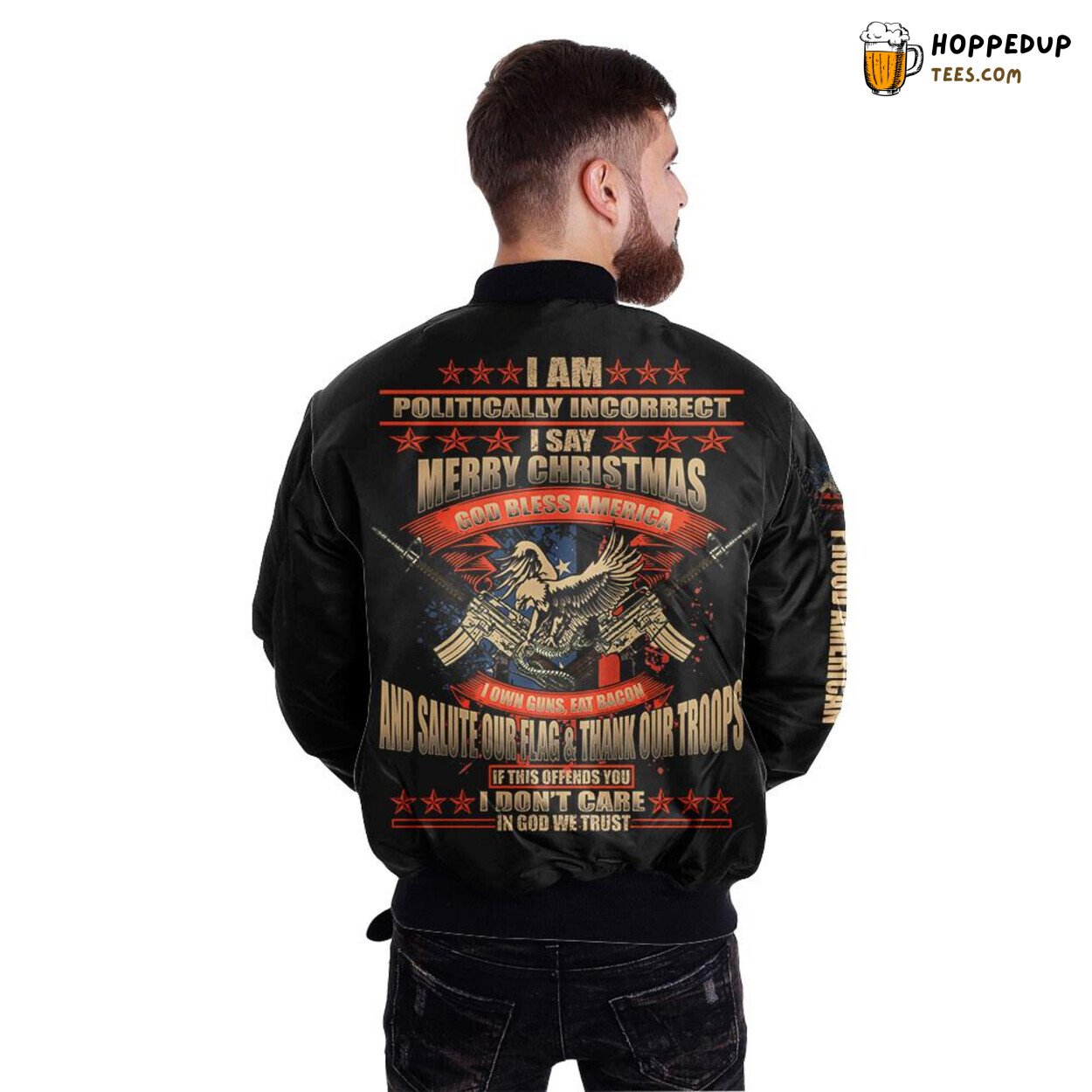 Politically Incorrect America Guns Merry Christmas God Bless Bomber Jacket