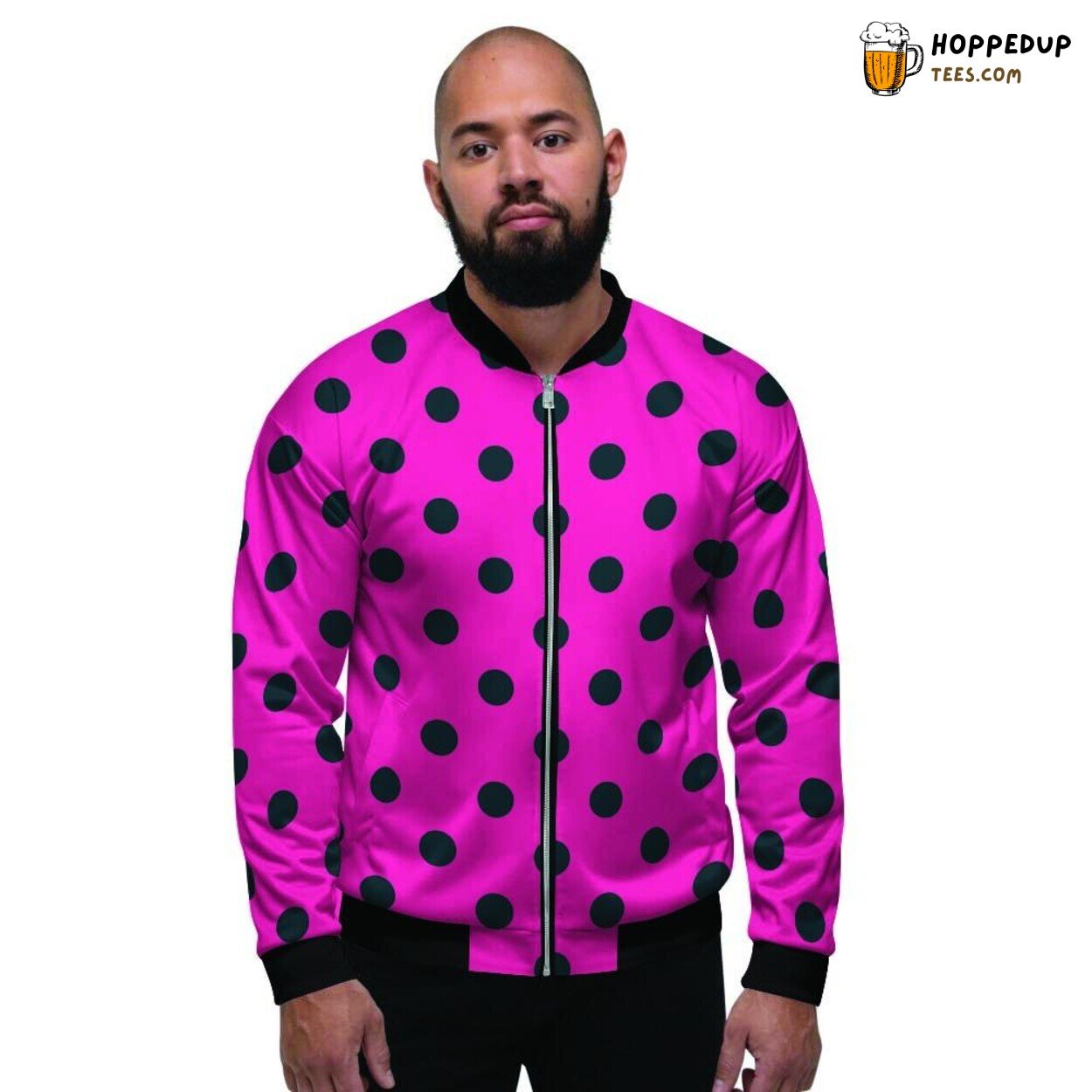 Polka Dot Design in Pink Black Tones Men’s Bomber Jacket Classic Pattern Show