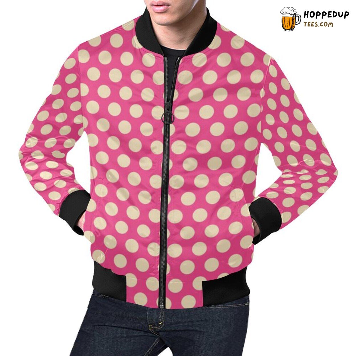 Polka Dot Pink White Design Men’s Bomber Jacket Vibrant Spotted Fashion Statement
