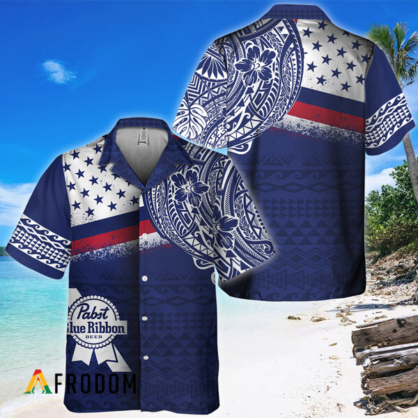 Polynesian Navy Pabst Blue Ribbon Hawaiian Shirt HU