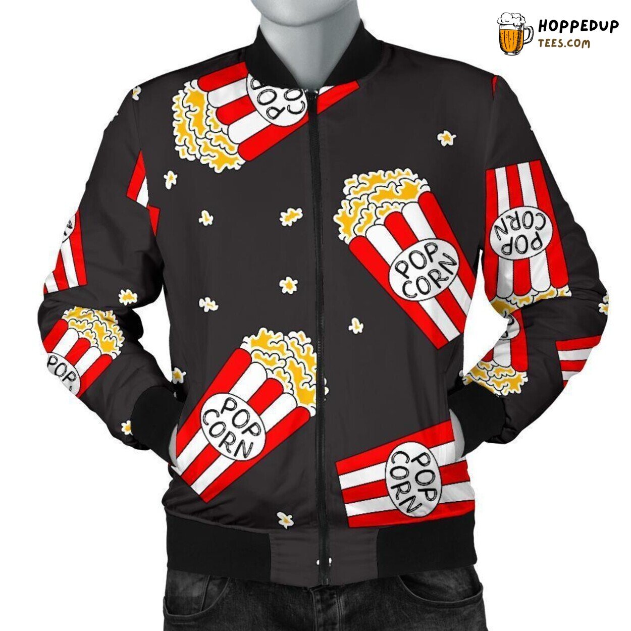 Popcorn Movie Night Delight Men’s Bomber Jacket Tasty Snack Design Display