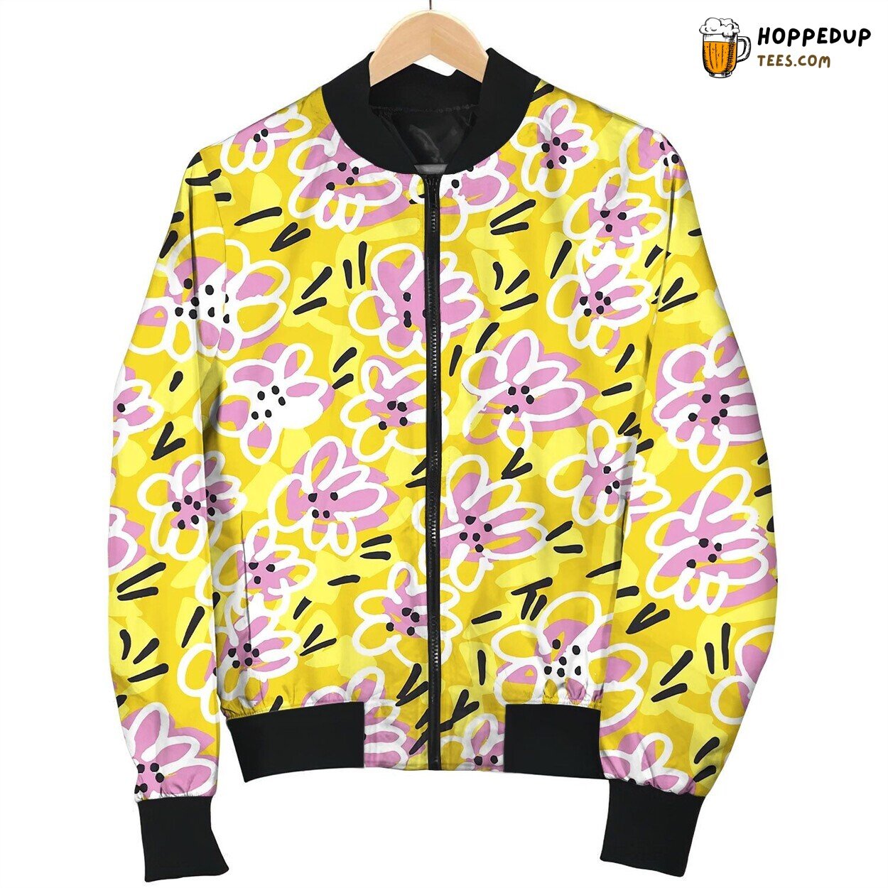 Positive Mood Bright Yellow Floral Tile Pattern Bomber Jacket