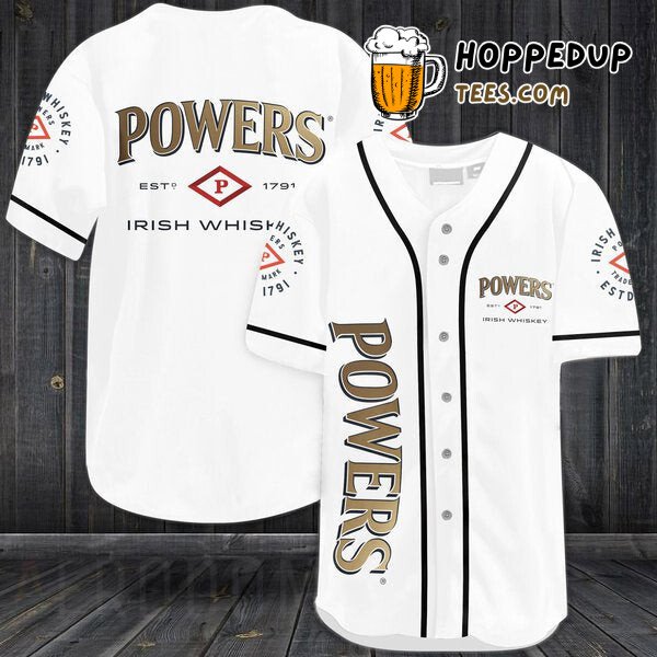 Powers Irish Whiskey Themed White Baseball Jersey Distinctive Unique Look