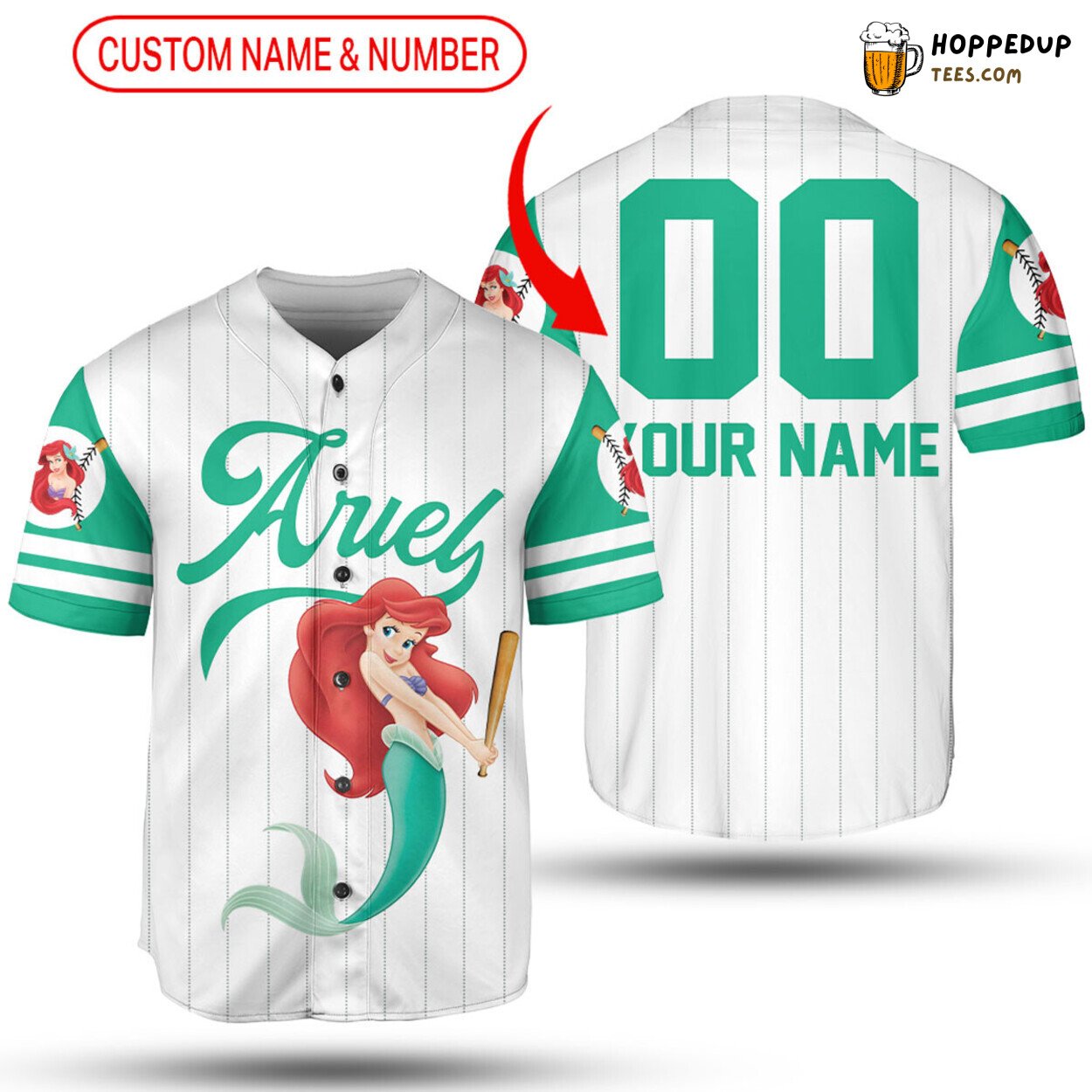 Princess Ariel Little Mermaid White Pinstripe 3D Baseball Jersey