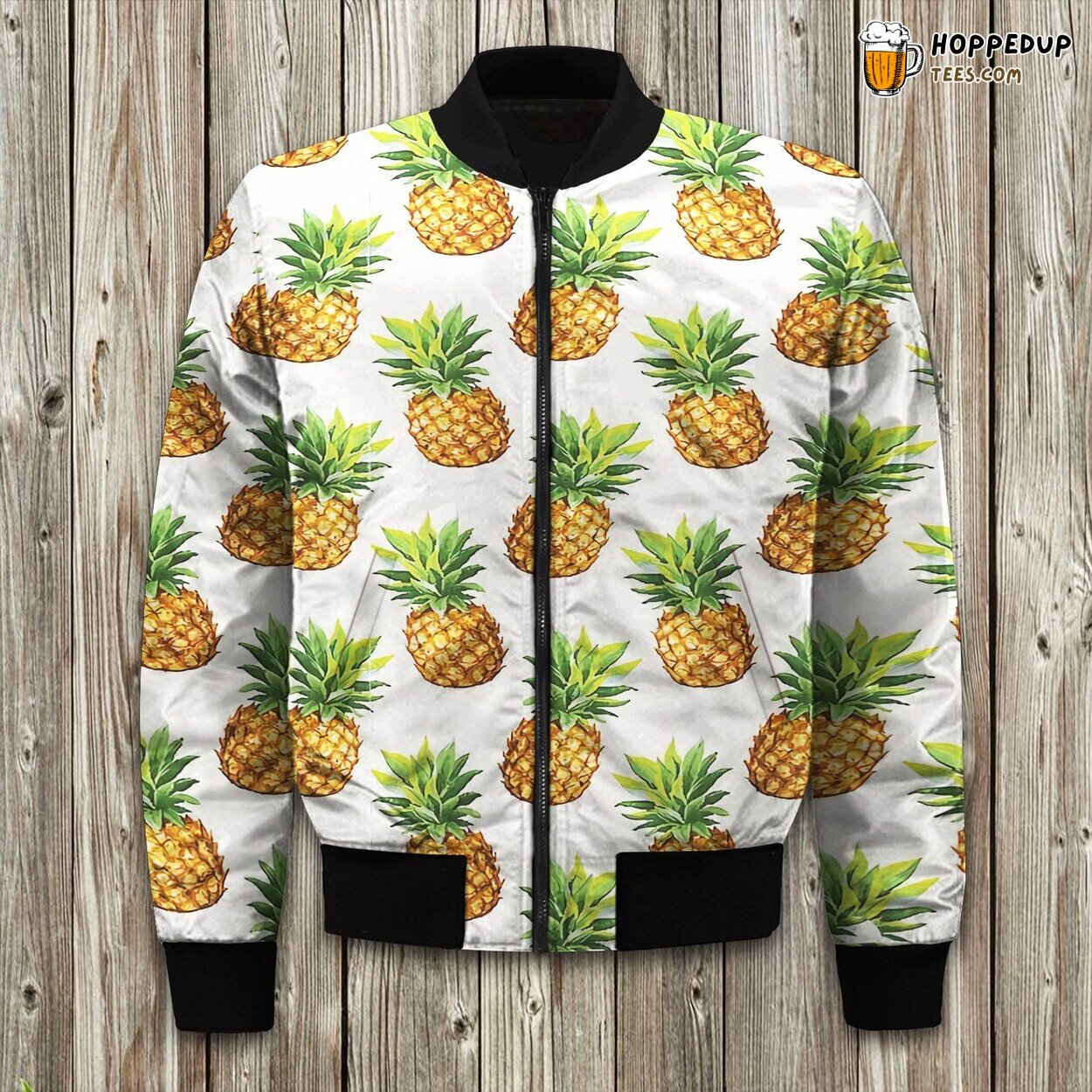Pristine White Pineapple Design Winter Bomber Jacket Tropical Freshness