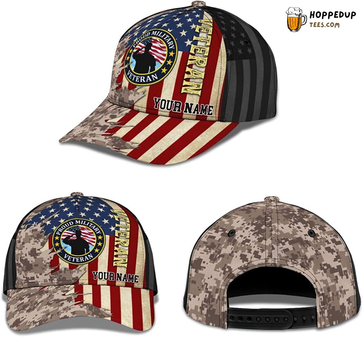 Proud Military Veteran Father Grandpa American Flag Camouflage Hat