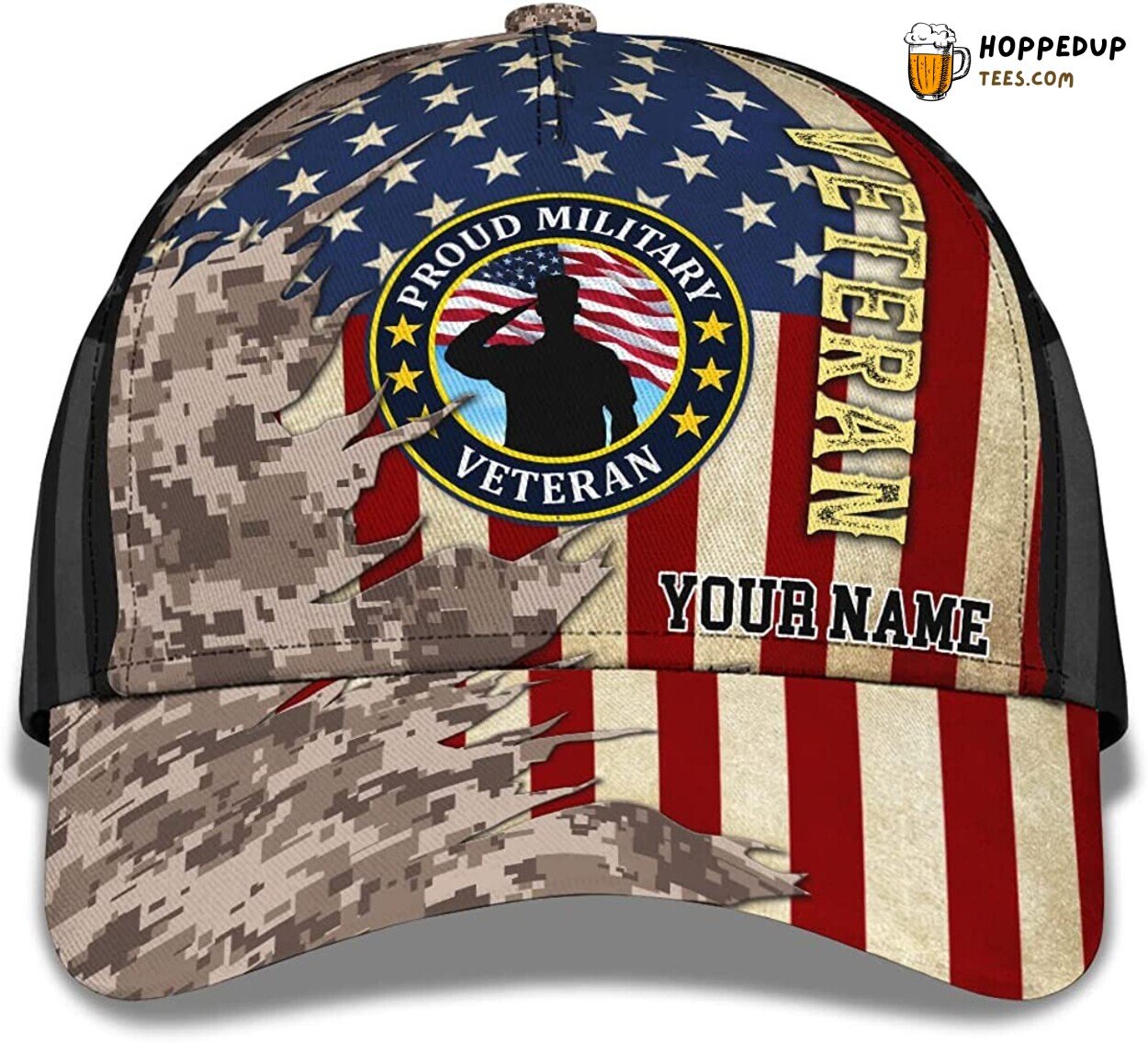 Proud Military Veteran Father Grandpa American Flag Camouflage Hat