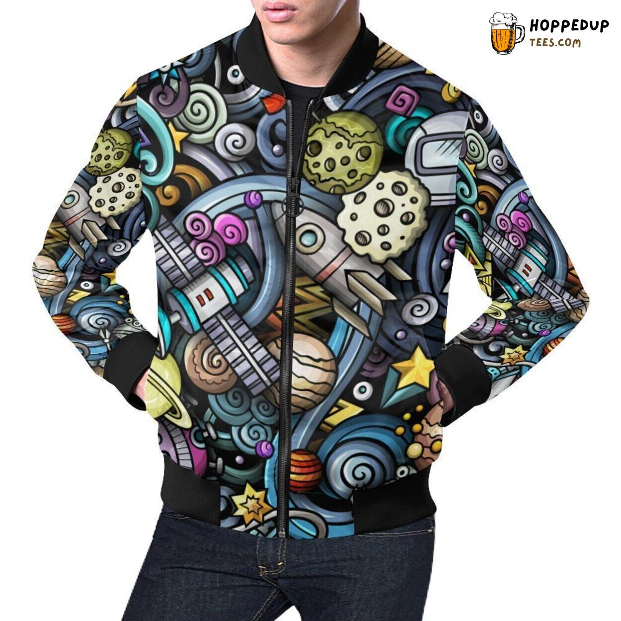 Psychedelic Alien Ufo Pattern Print Men’s Bomber Jacket Unique Design Psychedelic Alien Ufo Pattern Print Men’s Bomber Jacket Unique Design