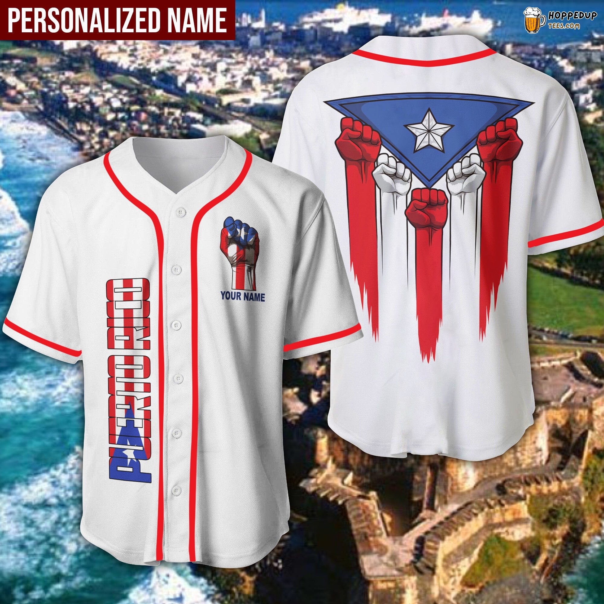 Puerto Rico Flag Hand Raised Baseball Jersey Personalized Unique Design