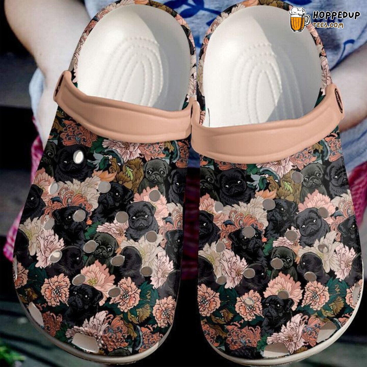 Pug Black Flowers Design Classic Comfortable Clogs Canine Lover Shoes