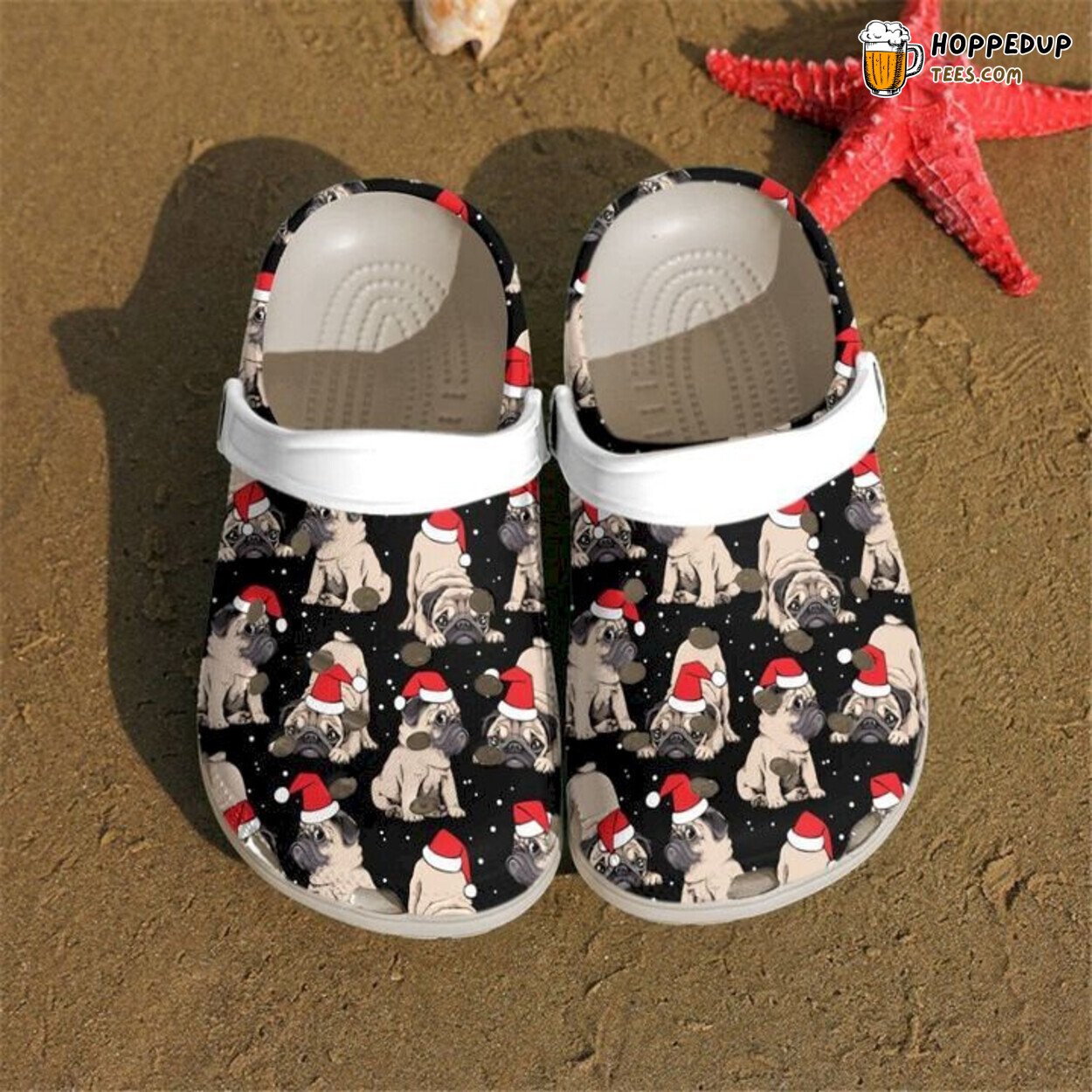 Pug Dog Santa Hat Christmas Theme Comfortable Clog Shoes Holiday Gift