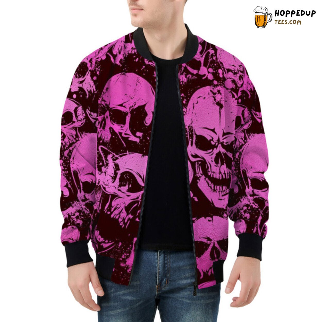 Punk Vibes with Pink Grunge Skull Patterns Bomber Jacket Design