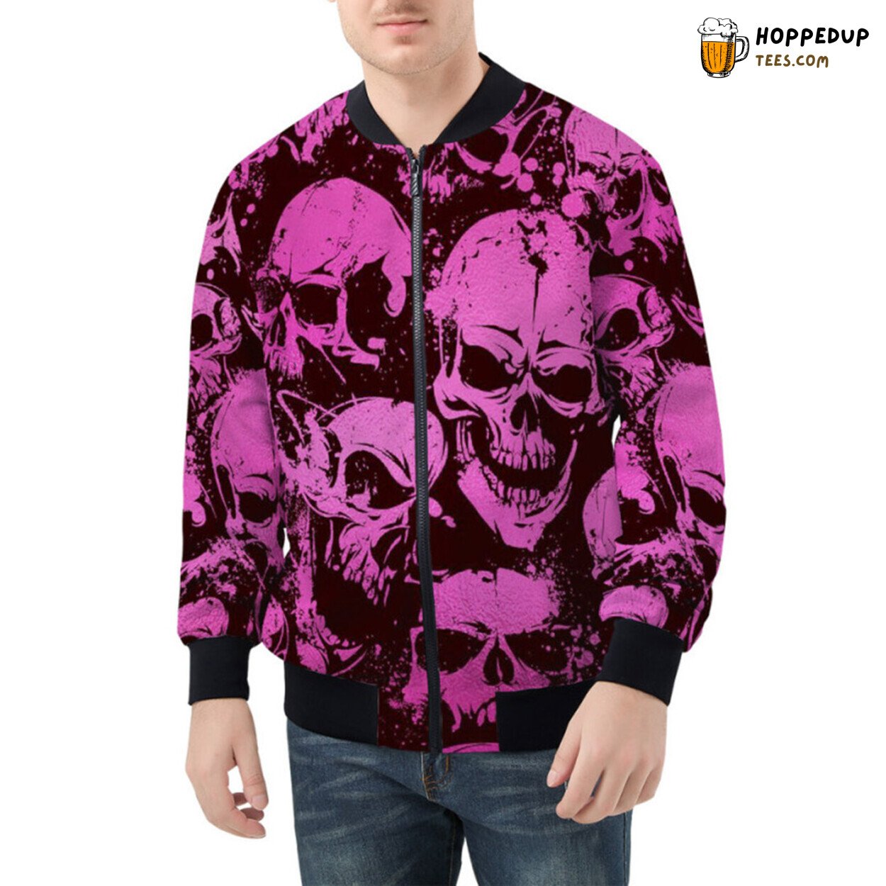 Punk Vibes with Pink Grunge Skull Patterns Bomber Jacket Design