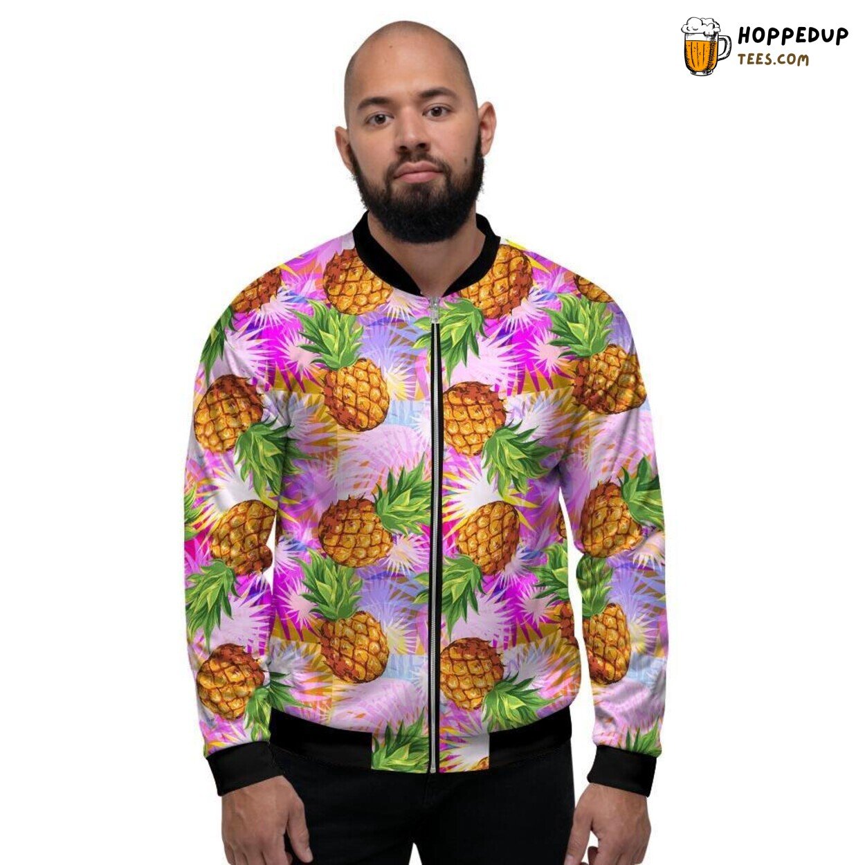 Purple Neon Pineapple Hawaiian Design Men’s Bomber Jacket Tropical Island Print