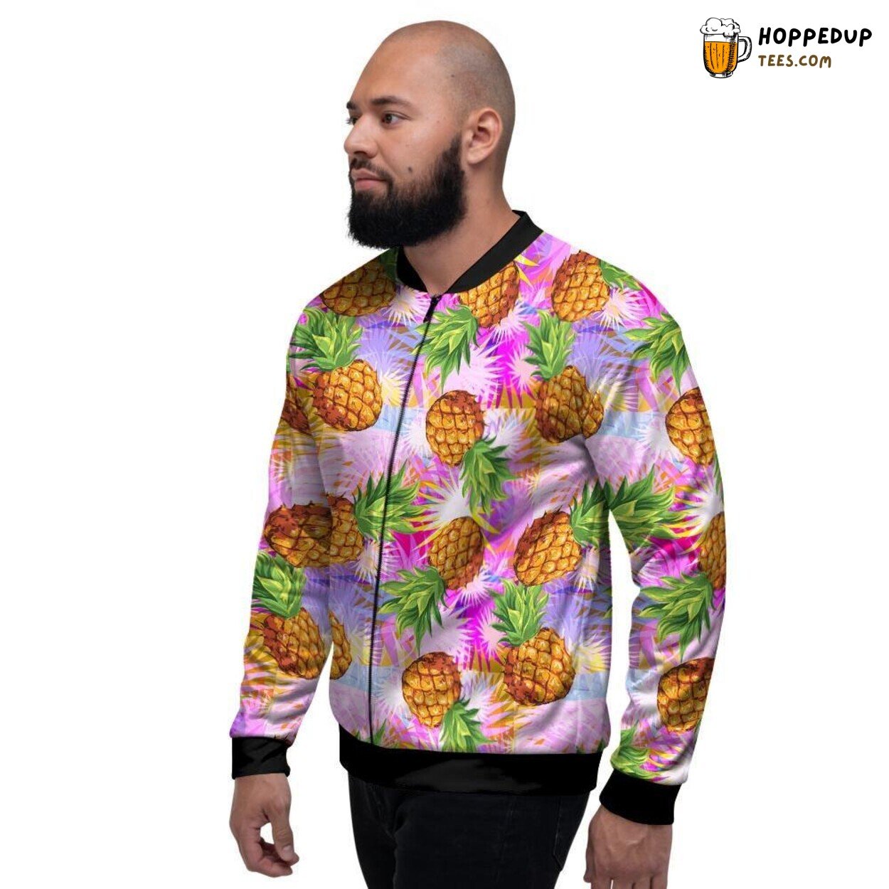Purple Neon Pineapple Hawaiian Design Men’s Bomber Jacket Tropical Island Print