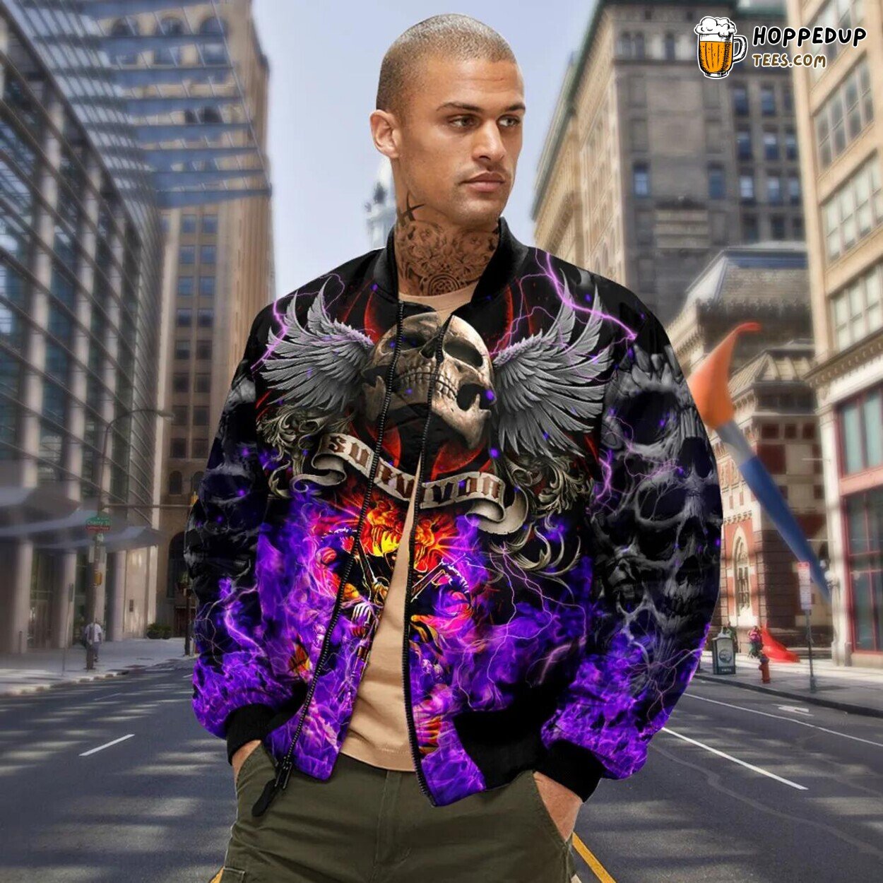 Purple Skull Survivor Wing Unique Bomber Jacket 3D Viking Graphic Clothing