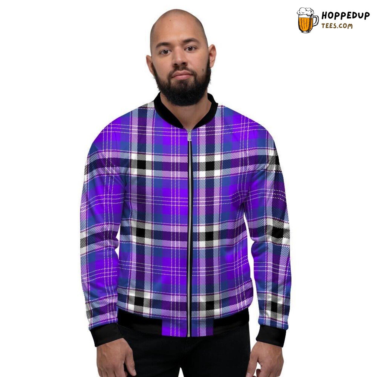 Purple Tartan Plaid Black Classic Design Men’s Bomber Jacket Checkered Pattern