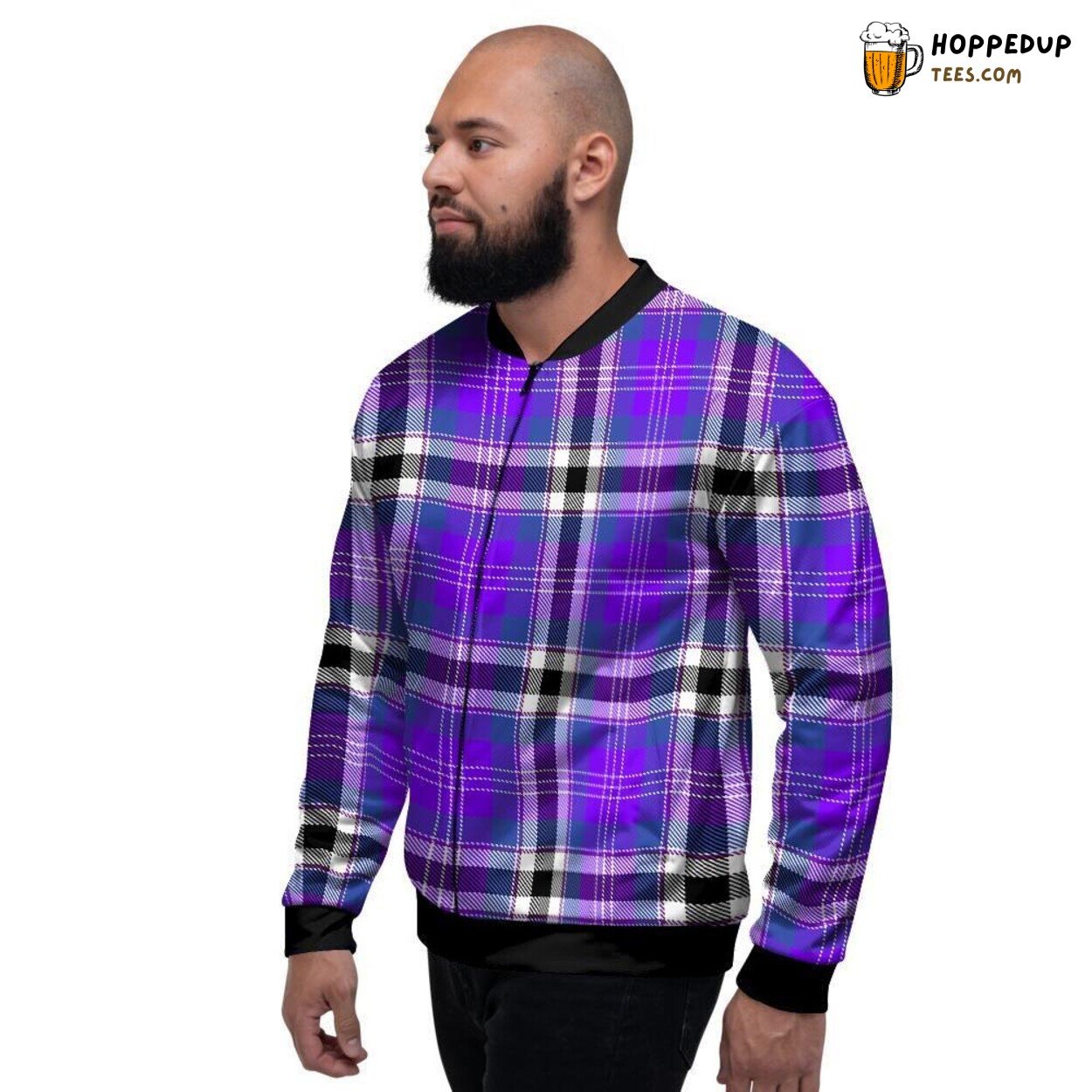Purple Tartan Plaid Black Classic Design Men’s Bomber Jacket Checkered Pattern