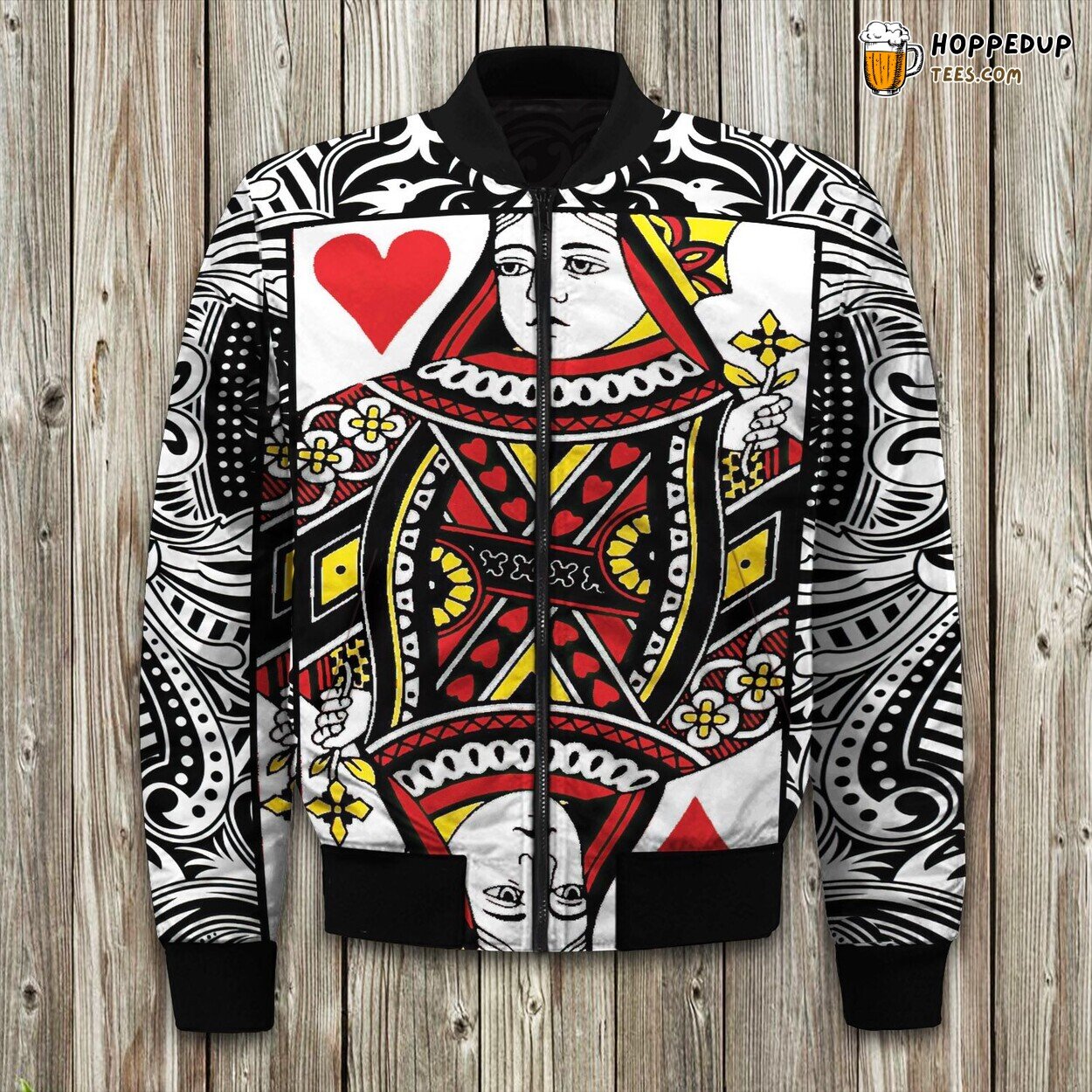 Queen Of Hearts Black And White Bomber Jacket