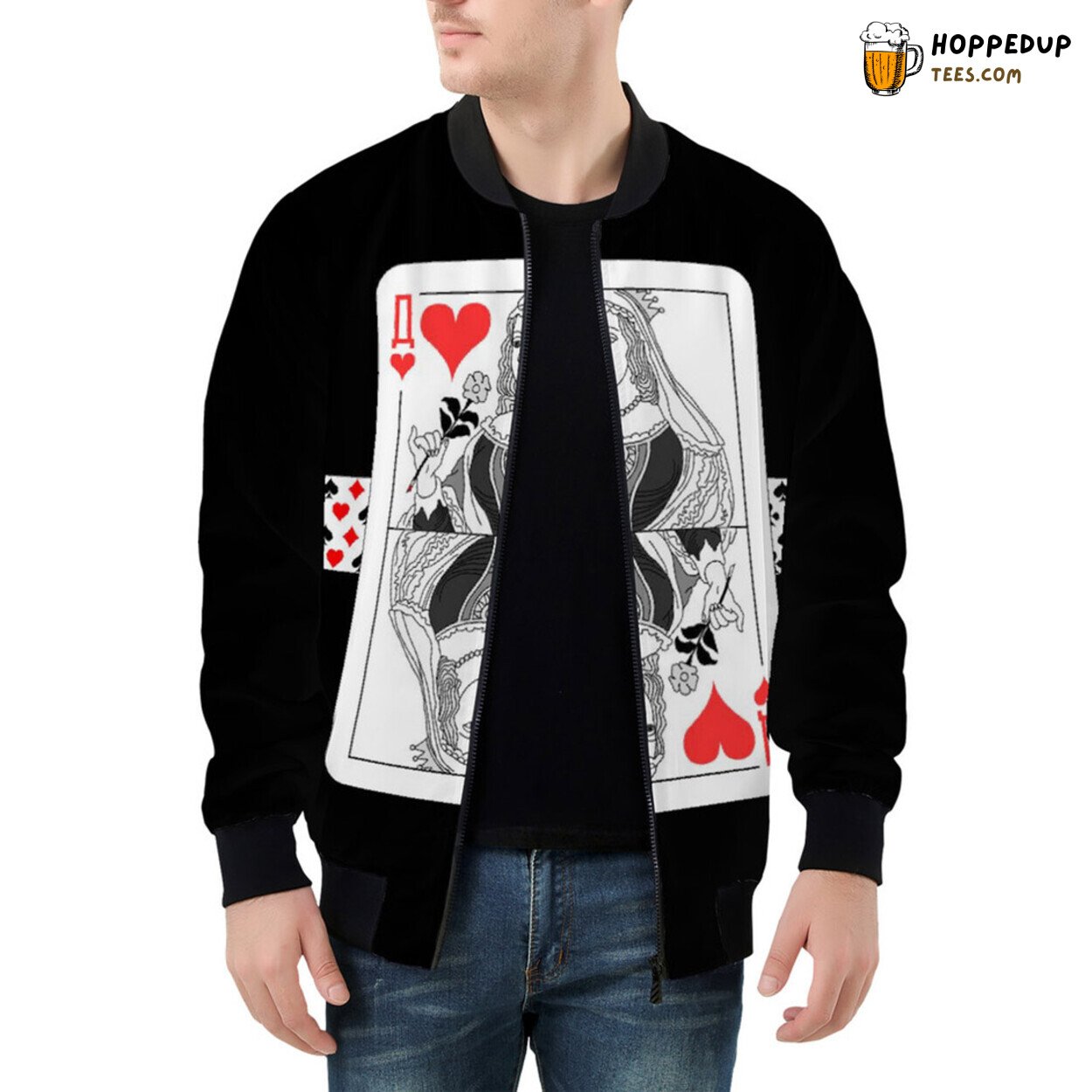 Queen of Hearts Card Design Reigns on Men’s Bomber Jacket Fabric