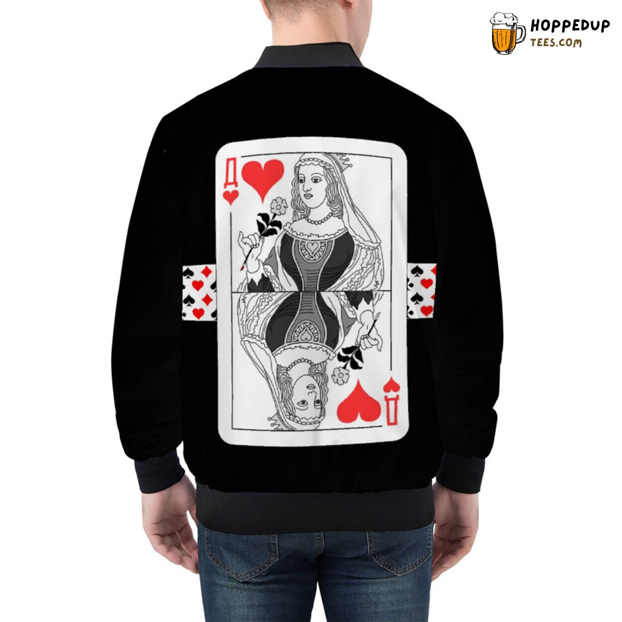 Queen of Hearts Card Design Reigns on Men’s Bomber Jacket Fabric