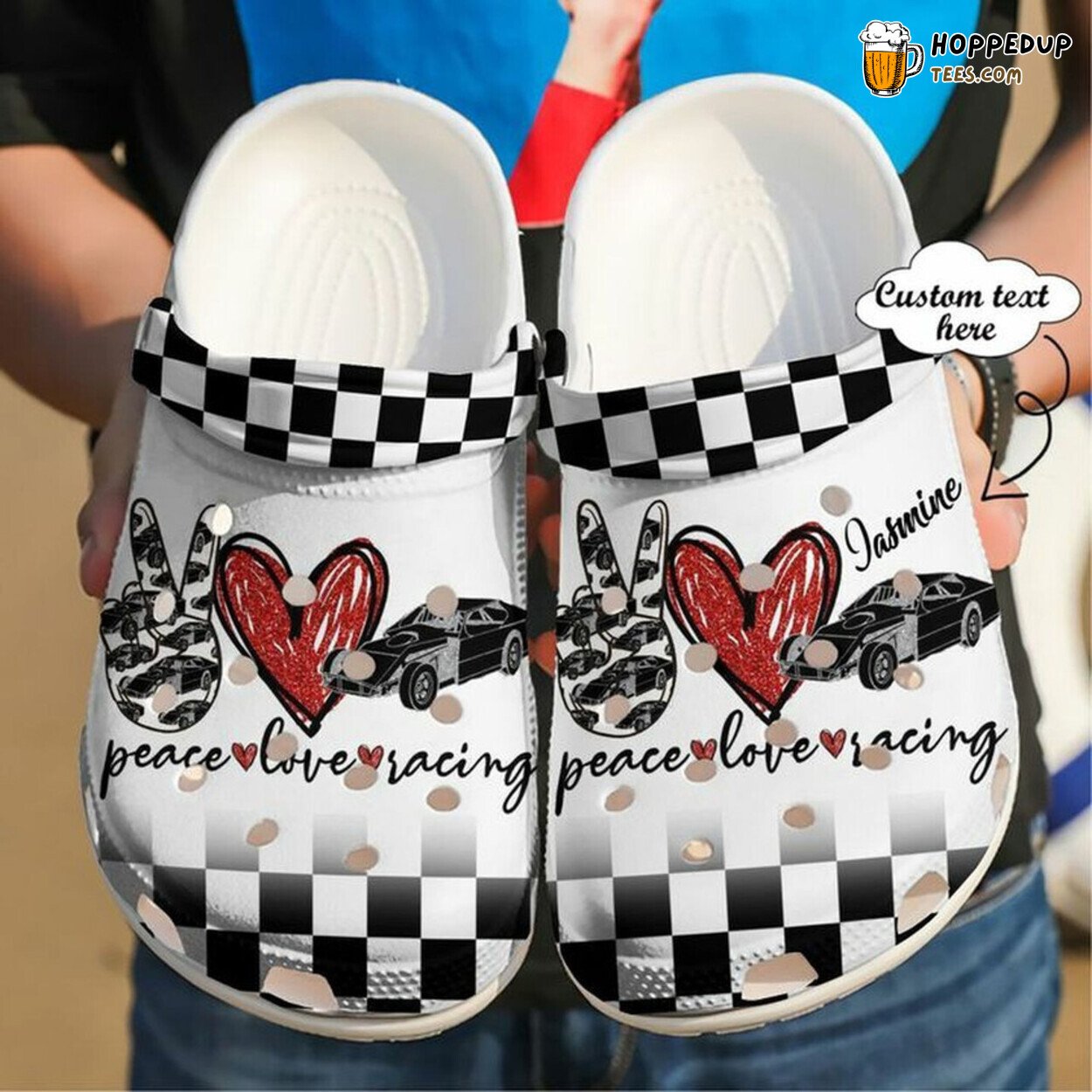 Racing Personalized Peace Love 102 Themed Rubber Clog Shoes