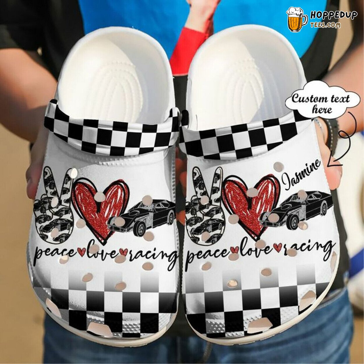 Racing Personalized Peace Love Theme Rubber Clogs Shoes Comfy Unique