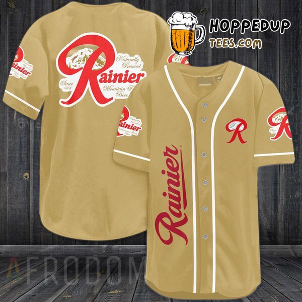 Rainier Beer Themed Light Brown Baseball Jersey Distinctive Unique Design