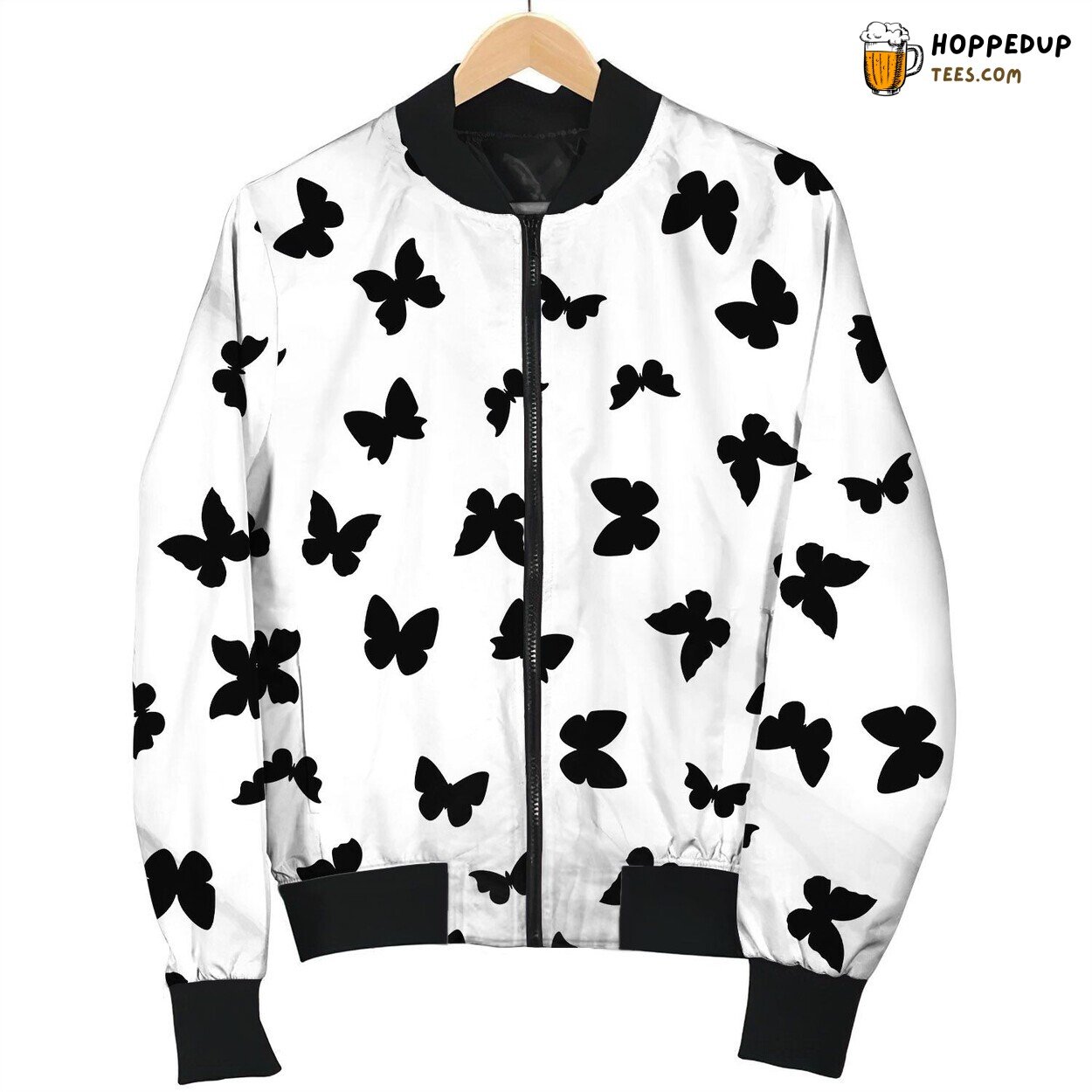 Random Black White Butterflies Silhouettes Pattern Bomber Jacket