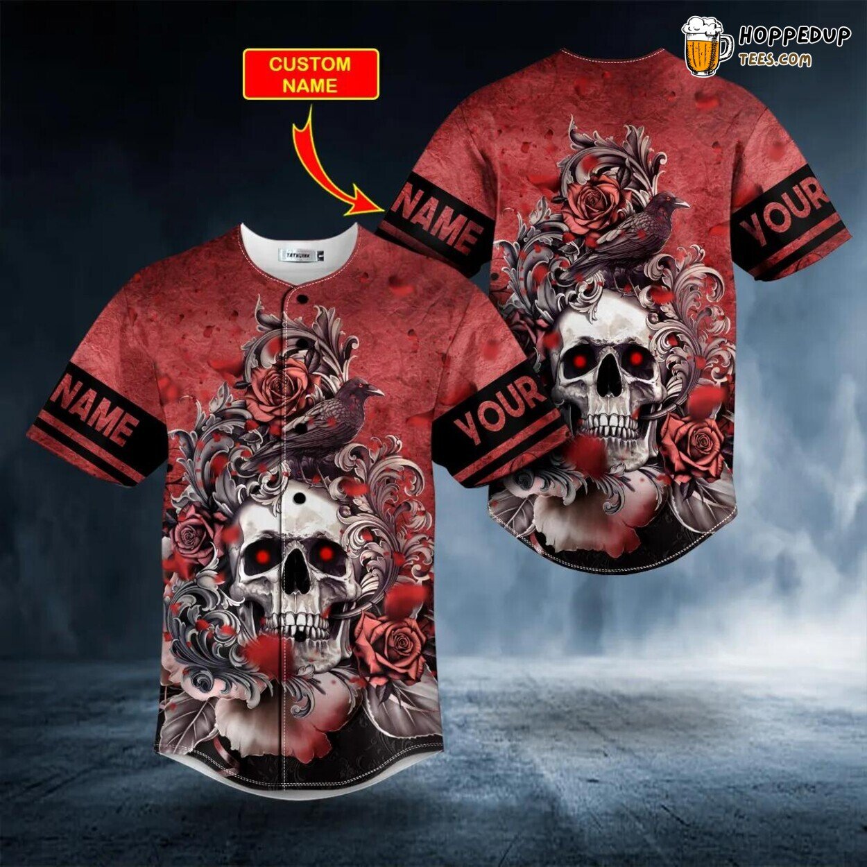 Raven Skull Roses Baseball Jersey Unique Aesthetic Custom Design
