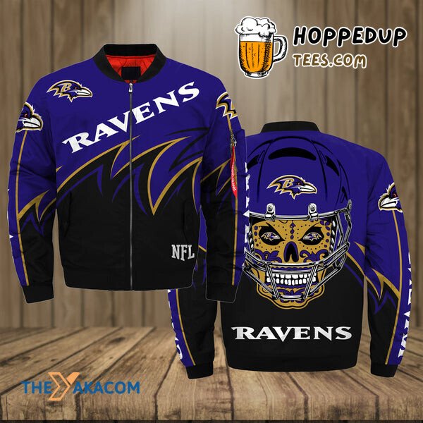 Ravens Skull Rugby Cap Bomber Jacket Christmas Outerwear Baltimore Gift