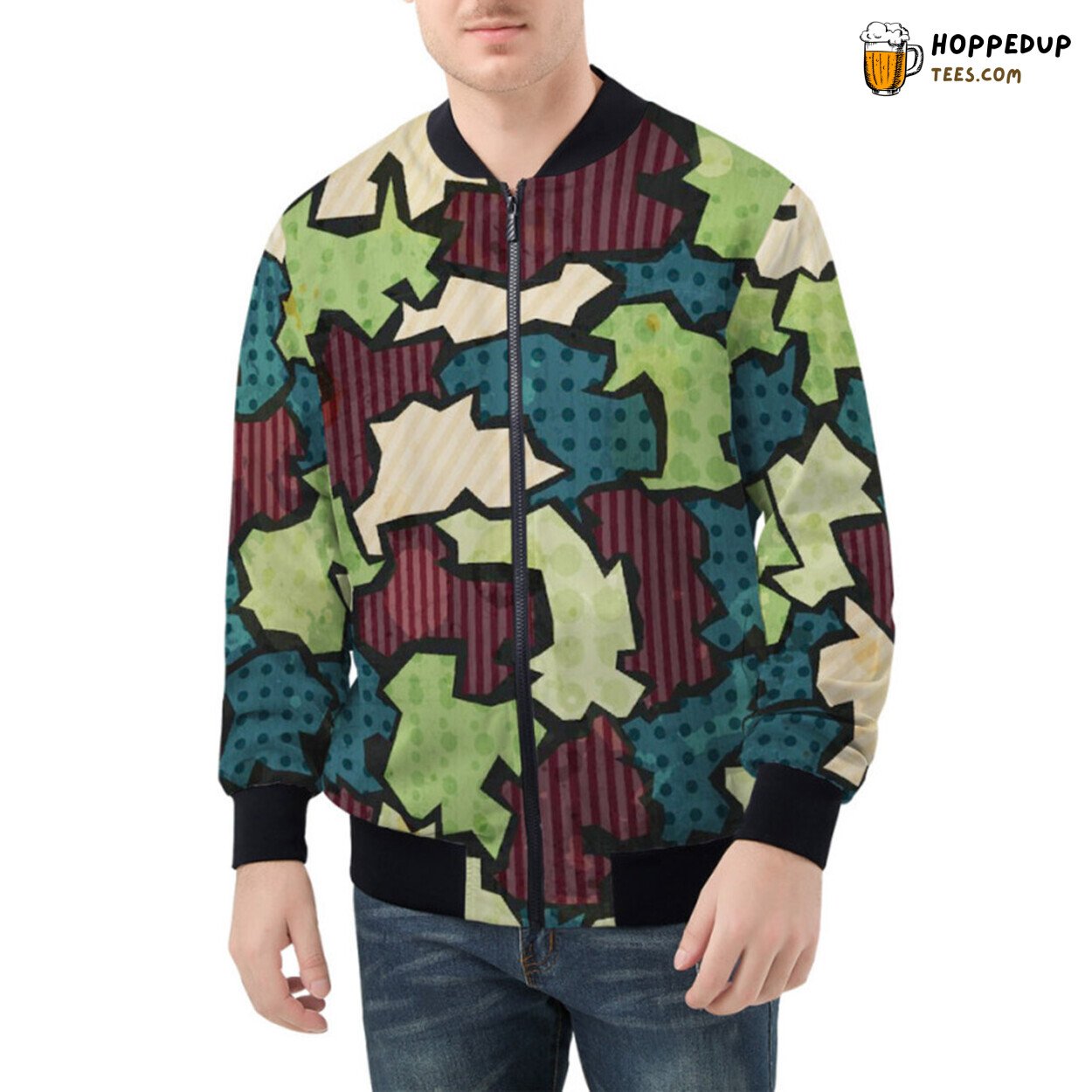 Raw Edges and Vintage Tones in Grunge Fabric Patchwork Bomber Jacket