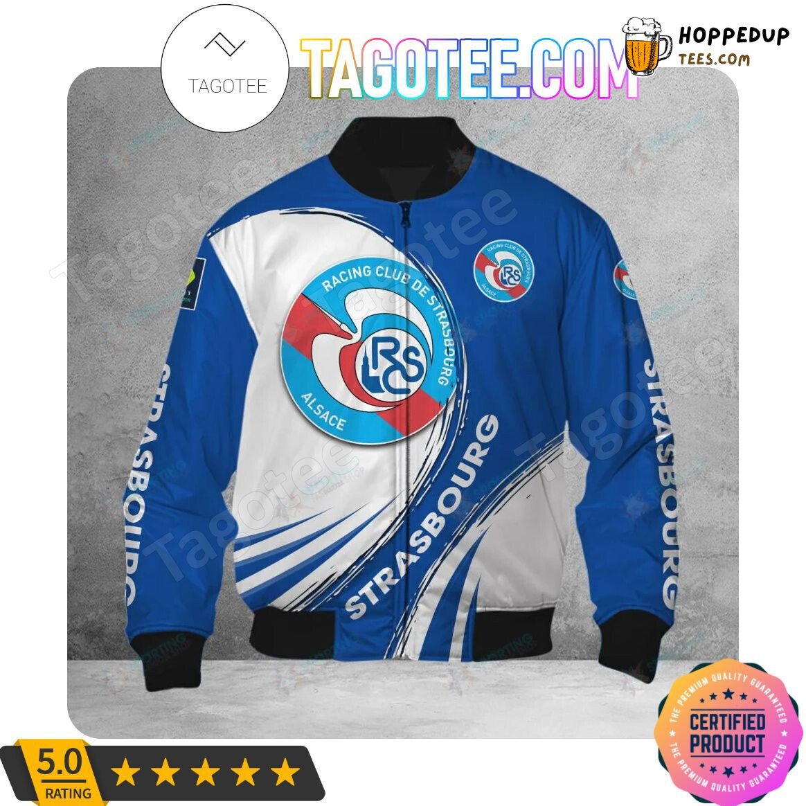 RC Strasbourg Alsace Blue White Classic Fan Bomber Jacket Trim