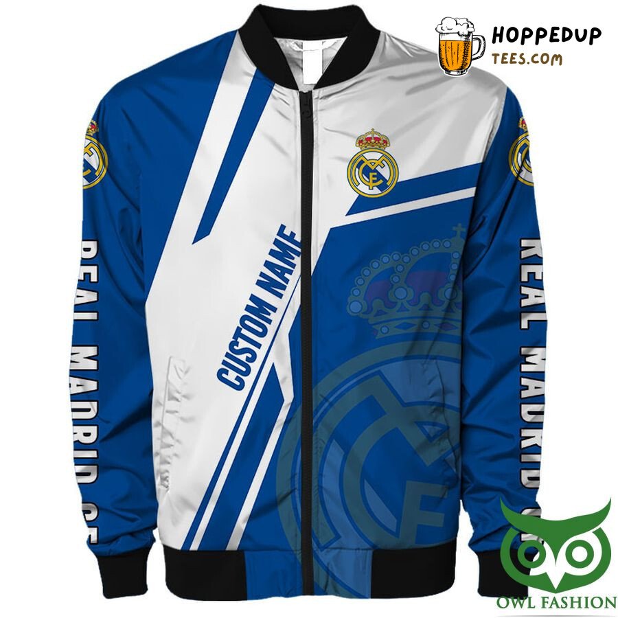 Real Madrid Custom Name Blue White Logo Bomber Jacket