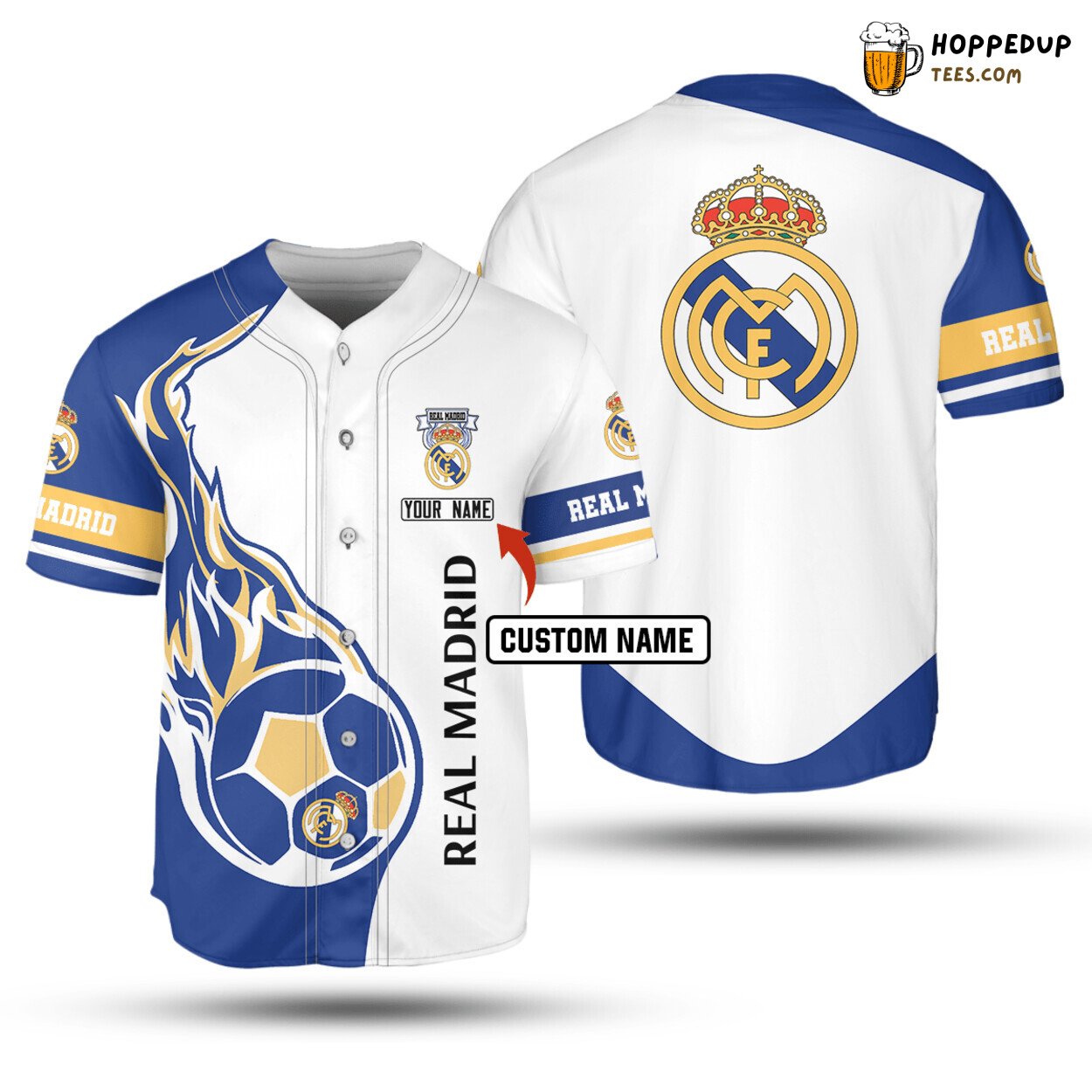 Real Madrid Custom Name White Blue Ball Baseball Jersey Unisex Shirt