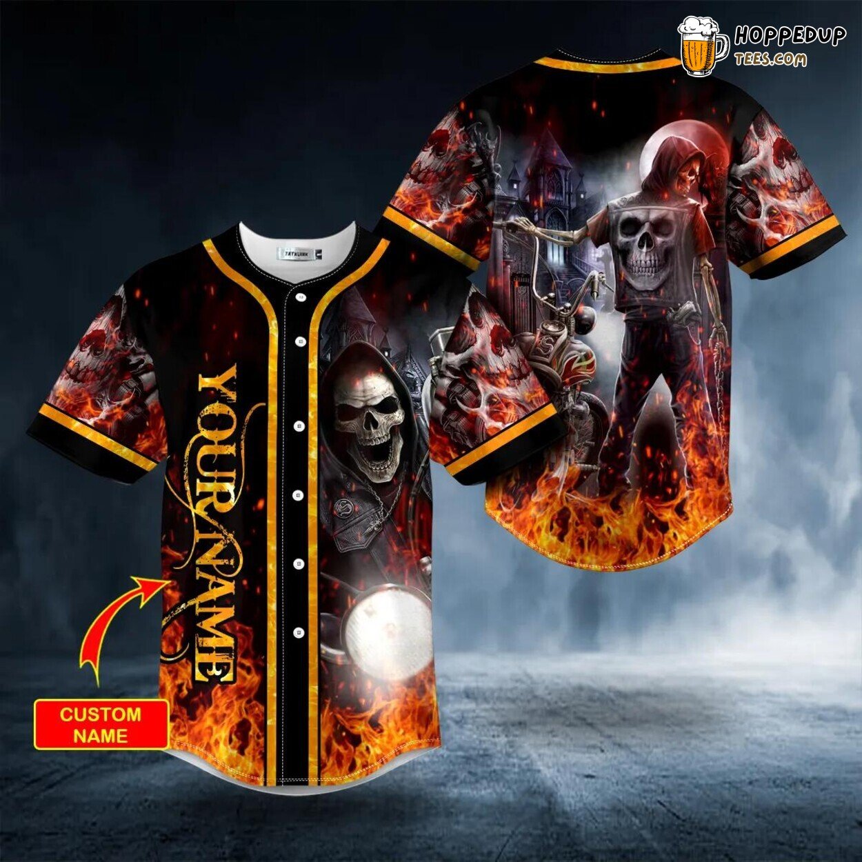 Reaper Rider Fire Skull Baseball Jersey Graphic Tees 3D Print Custom