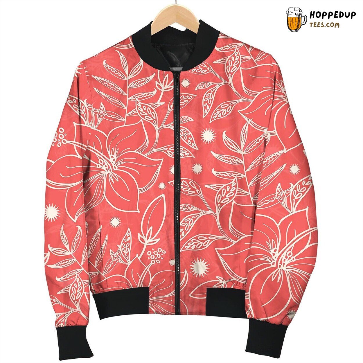 Red And Beige Tropical Floral Seamless Bomber Jacket