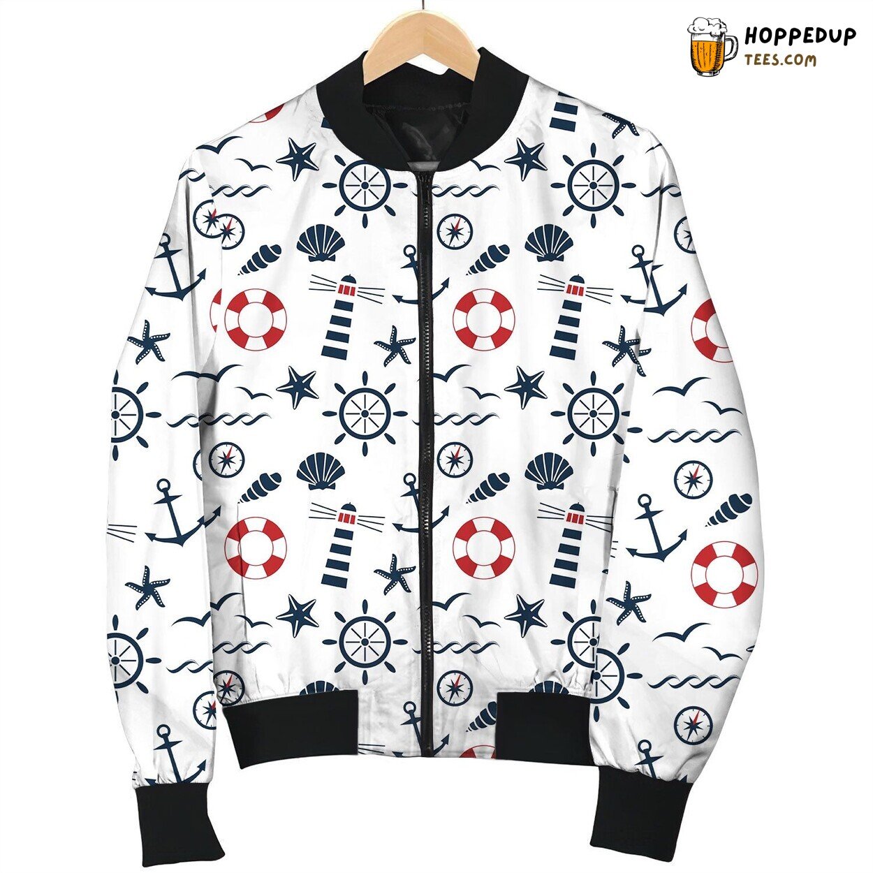 Red And Dark Blue Nautical Items Texture Bomber Jacket