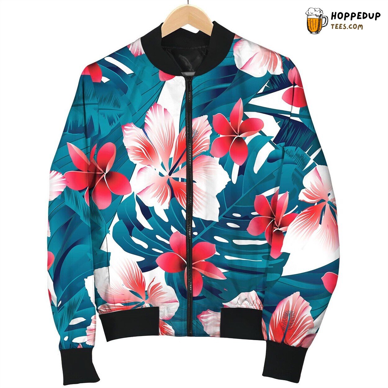 Red And White Tropical Hibiscus Flowers Seamless Bomber Jacket