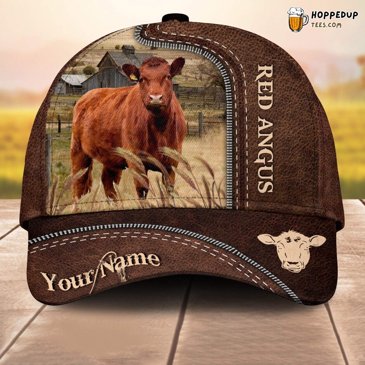 Red Angus 3D Leather Pattern Custom Cap Baseball Farm Lovers Animal Cap