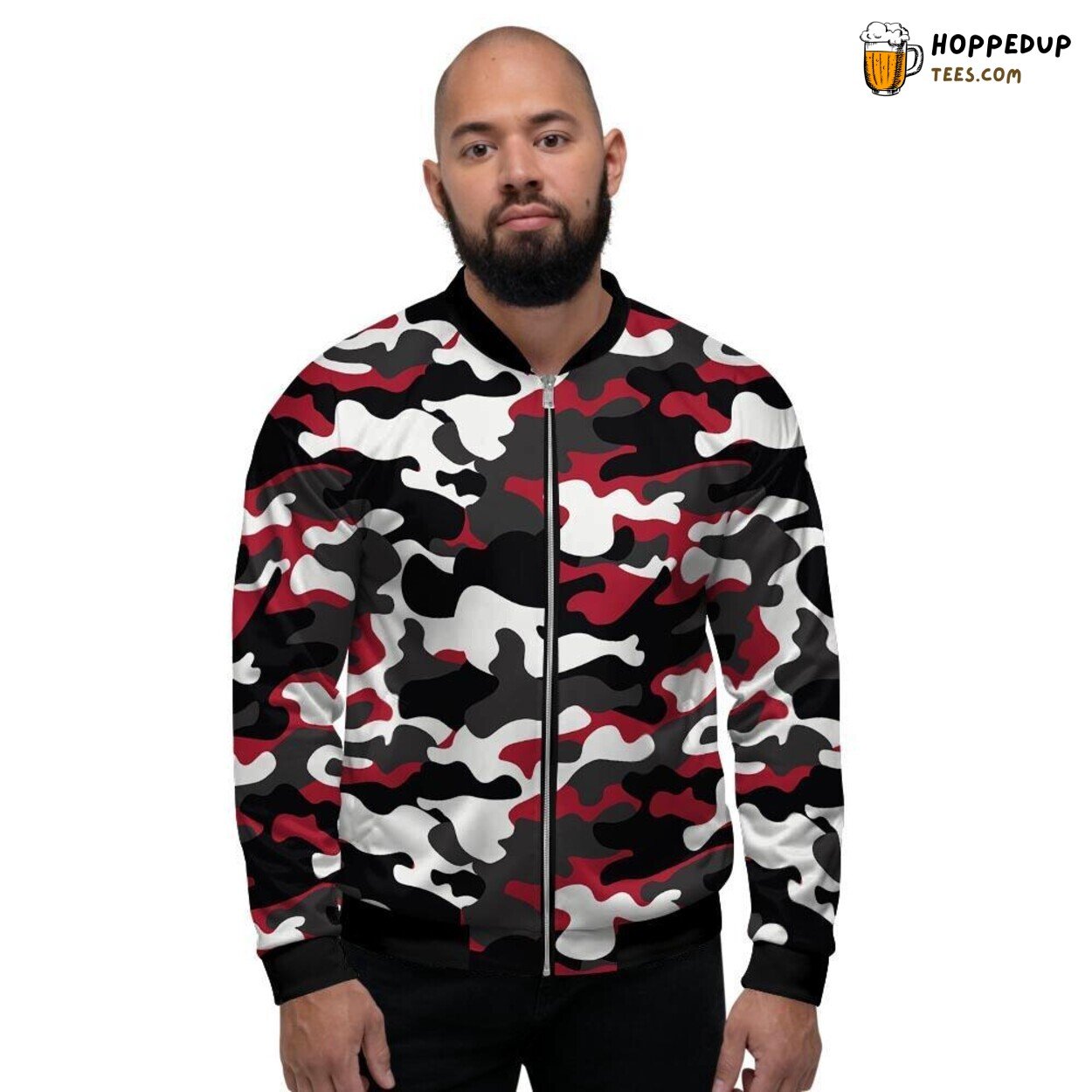 Red Black Camouflage Artistic Print Men’s Bomber Jacket Military Inspired Look