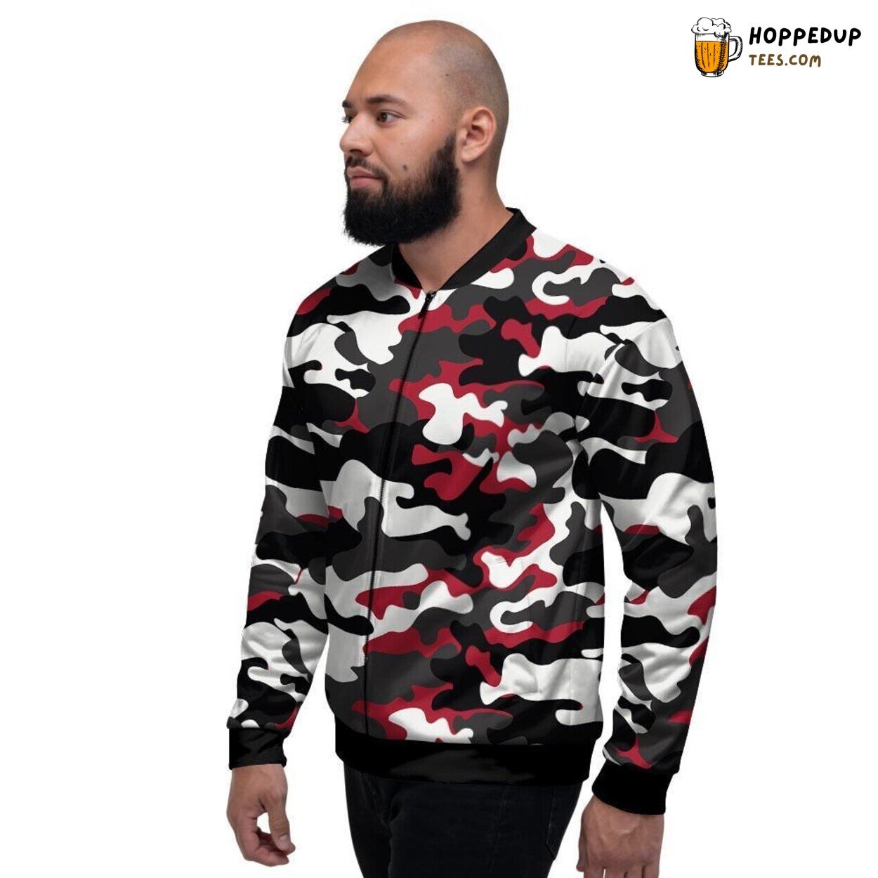 Red Black Camouflage Artistic Print Men’s Bomber Jacket Military Inspired Look