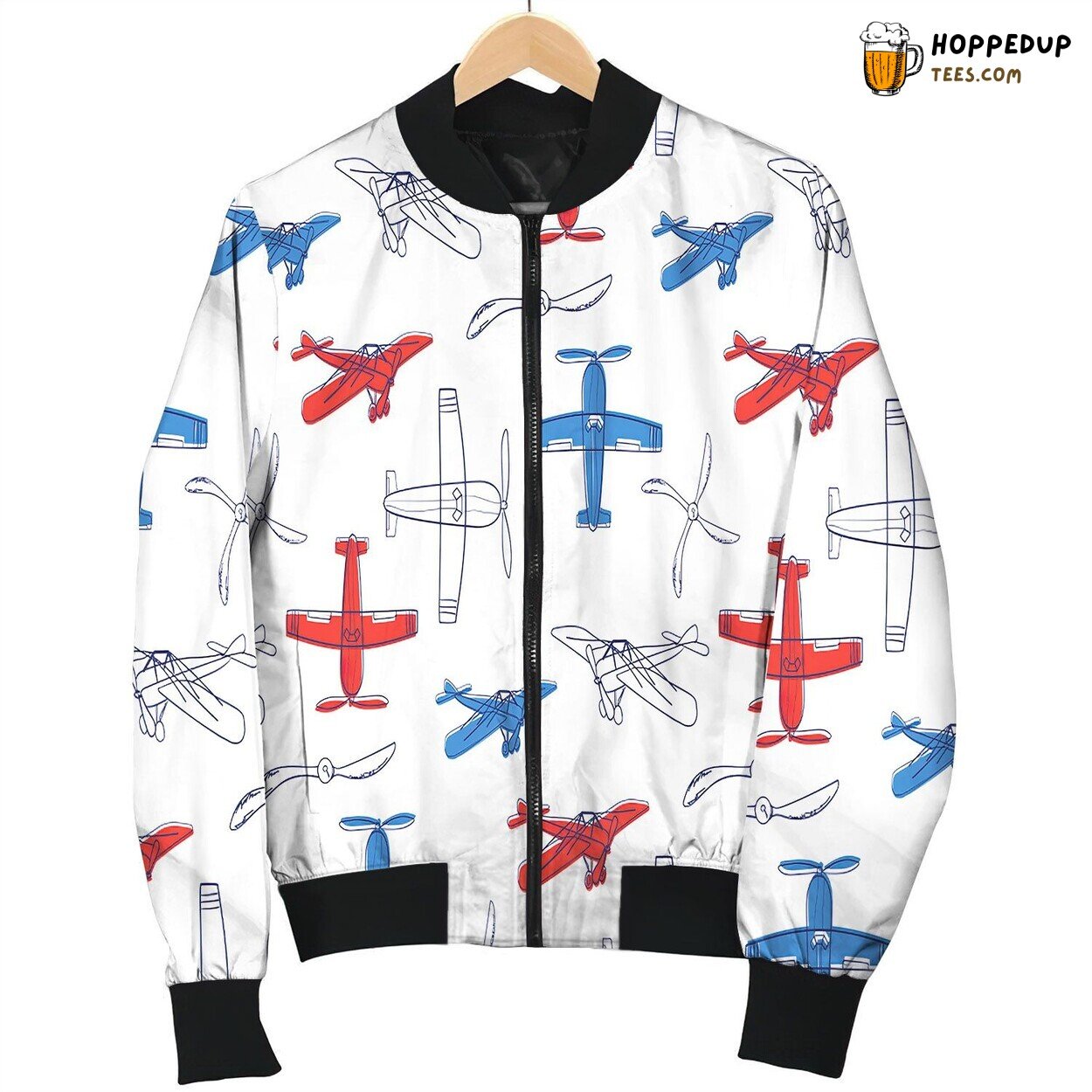 Red Blue Line Drawing Airplane Pattern Bomber Jacket