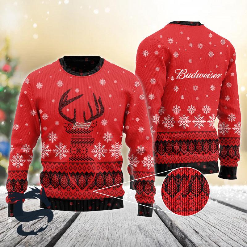Red Budweiser Reindeer Snowy Christmas Sweater HU