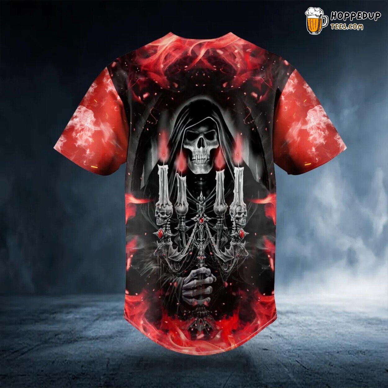 Red Candle Grim Reaper Skull Baseball Jersey Graphic Tees 3D Print Edition