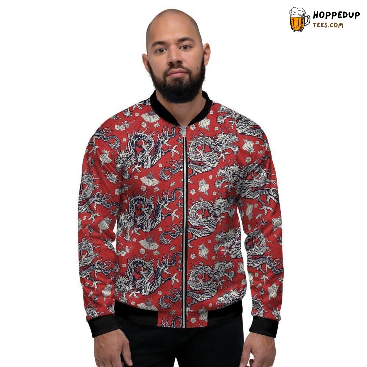 Red Chinese Dragon Floral Fusion Print Men’s Bomber Jacket Oriental Blossom