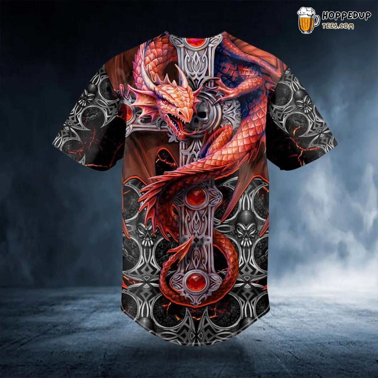 Red Dragon Gothic Tarot Skull Baseball Jersey Viking 3D Print Unique Tee