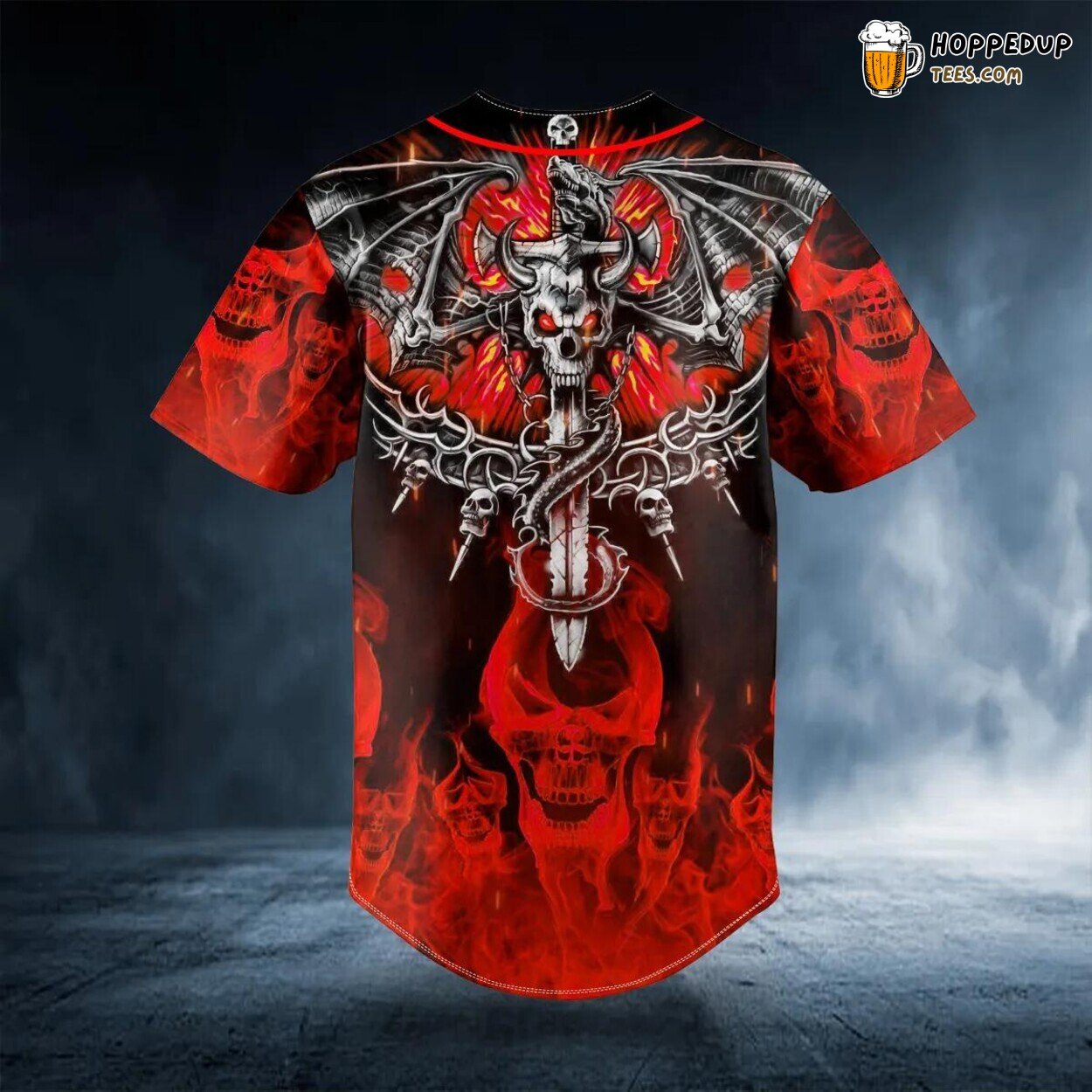 Red Flaming Sword Dragon Skull Baseball Jersey Skull Viking 3D Print Tees