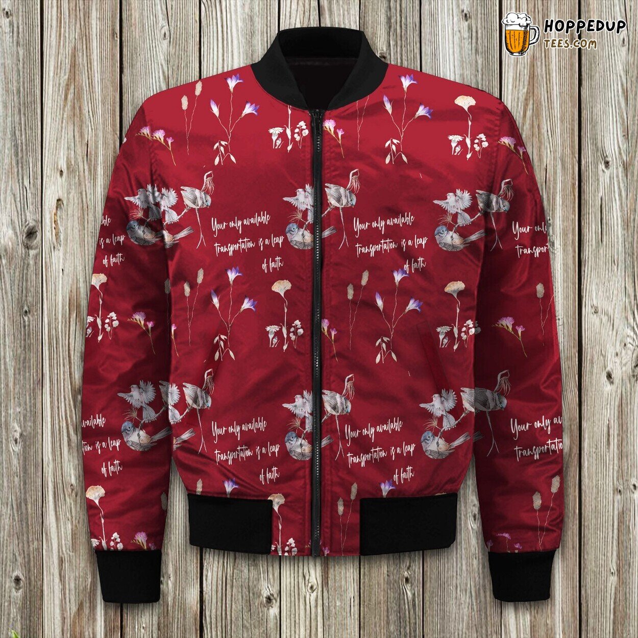 Red Floral And Bird Egyptian Cotton Bomber Jacket
